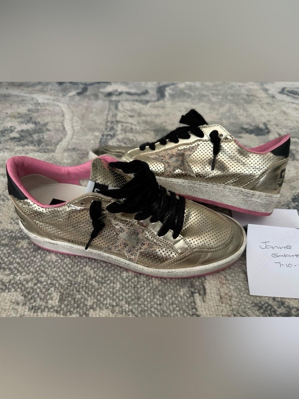 Golden Goose BallstarsMetallic Gold Sneakers with Pink Sole and Black Laces 37/7